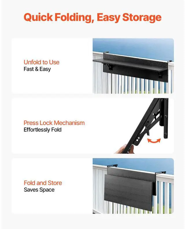 Alt view image 6 of 8 - Balcony Hanging Table 12 x 32 in Outdoor Patio Railing Bar Table Foldable