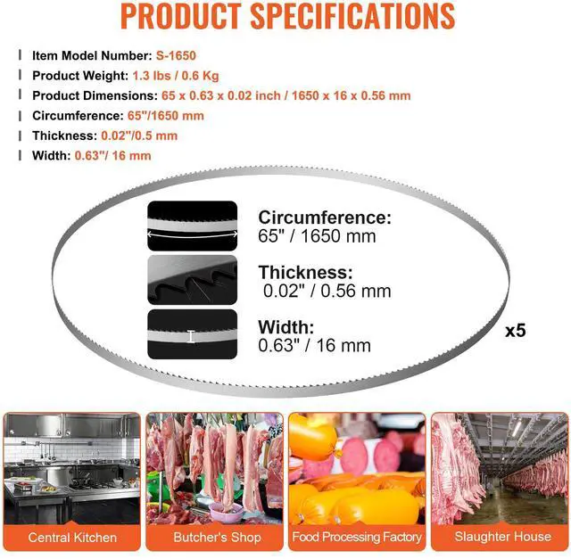 Alt view image 14 of 14 - VEVOR Band Saw Blade, 65x0.63x0.02 inch, 5 PCS/Pack Meat Bandsaw Blades for Replacement, Carbon Steel Blade, Meat Cutting Blade Wrapped by Rust-Proof Paper, Fit for Commercial Bone Saw Machines