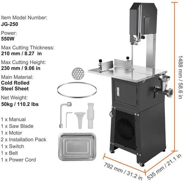 Alt view image 14 of 14 - VEVOR 550W Commercial Electric Meat Bandsaw Stainless Steel Bone Sawing Machine