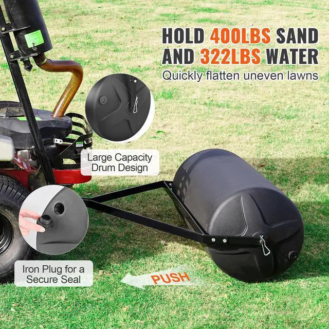 Alt view image 3 of 8 - VEVOR  Tow Behind Lawn Roller, 400lbs Sand/Water Filled Yard Roller, LLDPE Drum and Steel Frame Sod Roller with Easy-turn Plug, Tow Behind a Tractor or ATV for Lawn, Garden, Farm, Park, Black