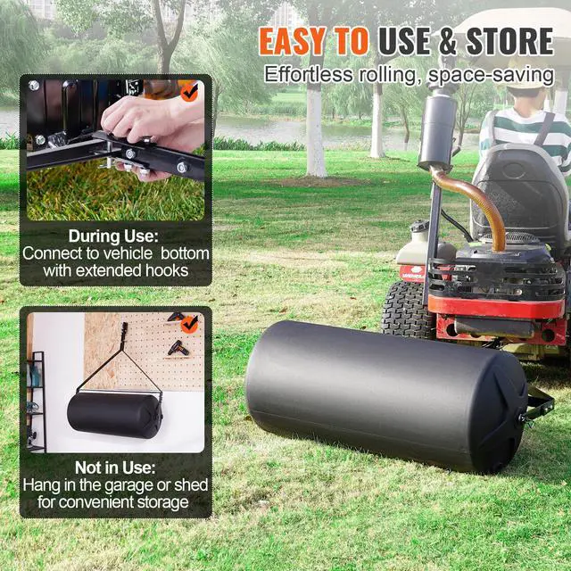 Alt view image 4 of 8 - VEVOR  Tow Behind Lawn Roller, 400lbs Sand/Water Filled Yard Roller, LLDPE Drum and Steel Frame Sod Roller with Easy-turn Plug, Tow Behind a Tractor or ATV for Lawn, Garden, Farm, Park, Black