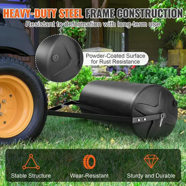 Alt view image 5 of 8 - VEVOR  Tow Behind Lawn Roller, 400lbs Sand/Water Filled Yard Roller, LLDPE Drum and Steel Frame Sod Roller with Easy-turn Plug, Tow Behind a Tractor or ATV for Lawn, Garden, Farm, Park, Black