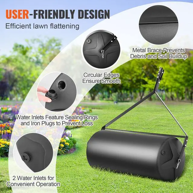 Alt view image 6 of 8 - VEVOR  Tow Behind Lawn Roller, 400lbs Sand/Water Filled Yard Roller, LLDPE Drum and Steel Frame Sod Roller with Easy-turn Plug, Tow Behind a Tractor or ATV for Lawn, Garden, Farm, Park, Black