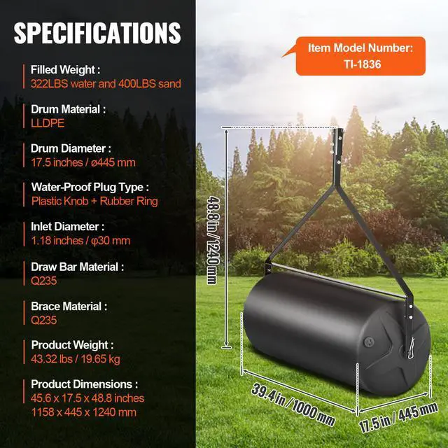 Alt view image 8 of 8 - VEVOR  Tow Behind Lawn Roller, 400lbs Sand/Water Filled Yard Roller, LLDPE Drum and Steel Frame Sod Roller with Easy-turn Plug, Tow Behind a Tractor or ATV for Lawn, Garden, Farm, Park, Black