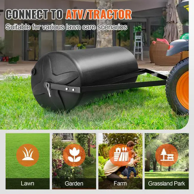 Alt view image 7 of 8 - VEVOR  Tow Behind Lawn Roller, 400lbs Sand/Water Filled Yard Roller, LLDPE Drum and Steel Frame Sod Roller with Easy-turn Plug, Tow Behind a Tractor or ATV for Lawn, Garden, Farm, Park, Black