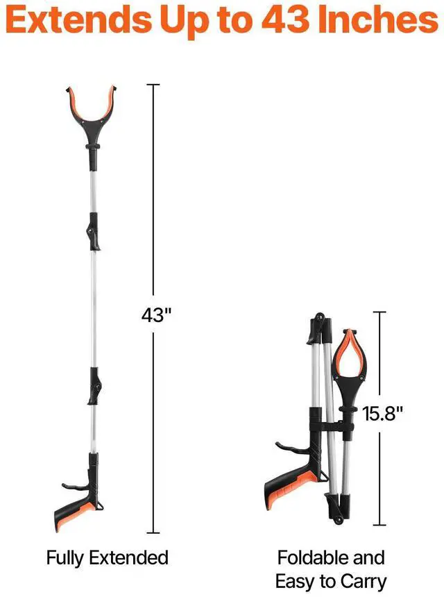 Alt view image 9 of 14 - VEVOR Grabber Reacher Tool, 43" Foldable Reacher Grabber Pickup Tool with 360° Rotating Jaw, Magnet and LED Light, Lightweight Grabber Reacher Tool for Seniors, Extra Long Trash Picker Upper Grabber