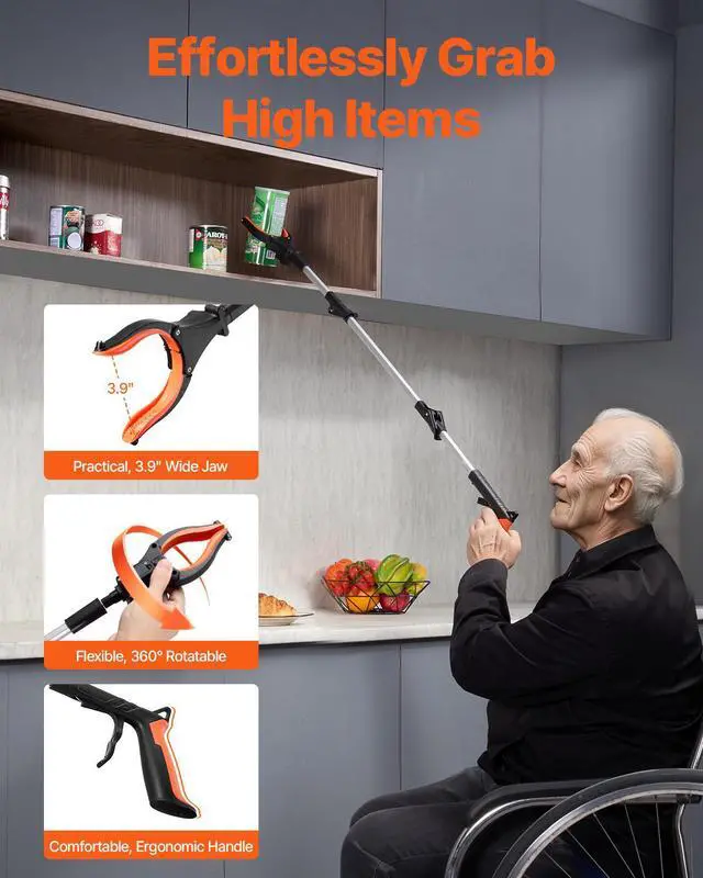 Alt view image 10 of 14 - VEVOR Grabber Reacher Tool, 43" Foldable Reacher Grabber Pickup Tool with 360° Rotating Jaw, Magnet and LED Light, Lightweight Grabber Reacher Tool for Seniors, Extra Long Trash Picker Upper Grabber