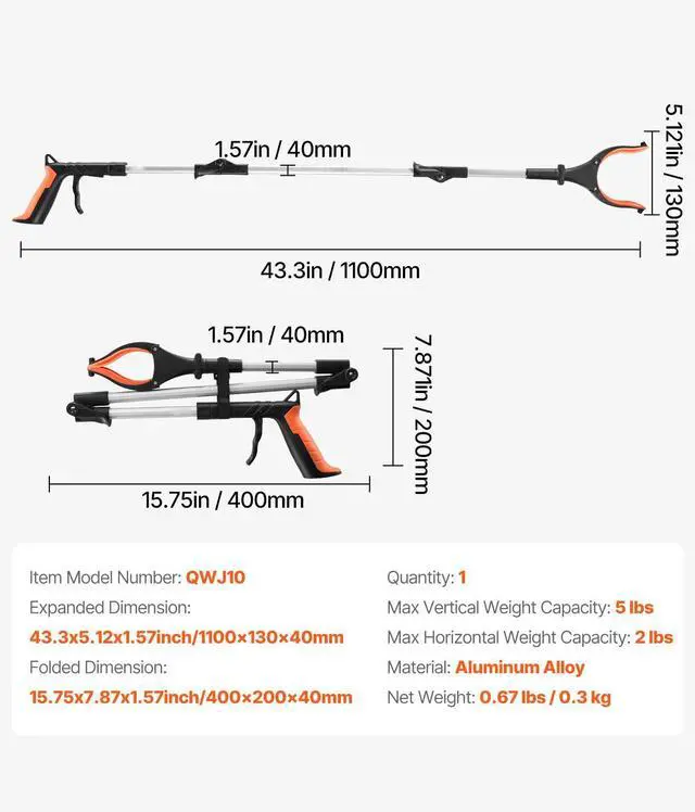Alt view image 14 of 14 - VEVOR Grabber Reacher Tool, 43" Foldable Reacher Grabber Pickup Tool with 360° Rotating Jaw, Magnet and LED Light, Lightweight Grabber Reacher Tool for Seniors, Extra Long Trash Picker Upper Grabber