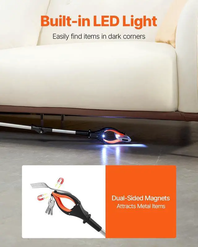 Alt view image 12 of 14 - VEVOR Grabber Reacher Tool, 43" Foldable Reacher Grabber Pickup Tool with 360° Rotating Jaw, Magnet and LED Light, Lightweight Grabber Reacher Tool for Seniors, Extra Long Trash Picker Upper Grabber