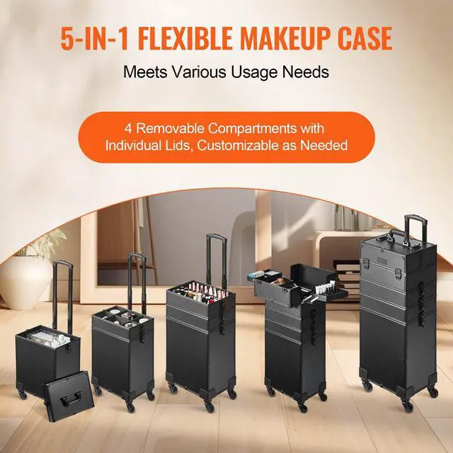 Alt view image 10 of 14 - VEVOR 5 in 1 Professional Makeup Train Case Aluminum Cosmetic Case, Rolling Makeup Case Extra Large Trolley Makeup Travel Organizer, with 360° Swivel Wheels & Adjustable Pull Rod, Black