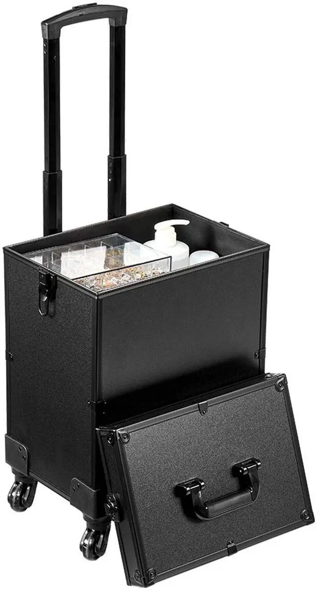 Alt view image 8 of 14 - VEVOR 5 in 1 Professional Makeup Train Case Aluminum Cosmetic Case, Rolling Makeup Case Extra Large Trolley Makeup Travel Organizer, with 360° Swivel Wheels & Adjustable Pull Rod, Black