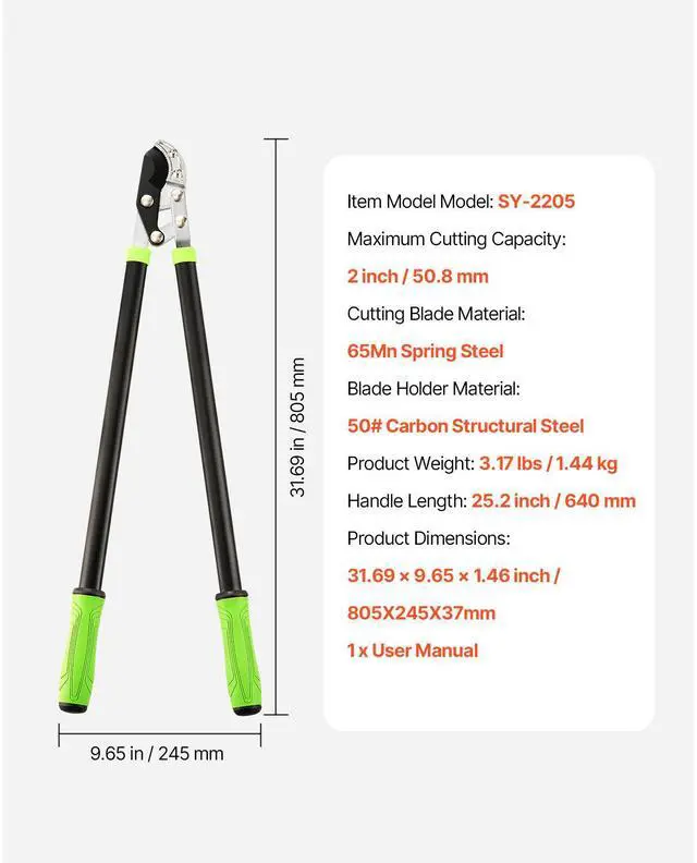 Alt view image 8 of 8 - VEVOR Loppers for Tree Trimming, 32 inch Garden Anvil Trimmer with Compound Action, Sharp Steel Blade, Heavy Duty Tree Branch Cutter Up to 2 inch Dia Cut Capacity, Ergonomically Designed Handles