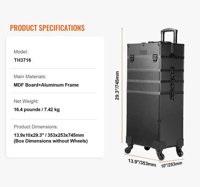 Alt view image 14 of 14 - VEVOR 5 in 1 Professional Makeup Train Case Aluminum Cosmetic Case, Rolling Makeup Case Extra Large Trolley Makeup Travel Organizer, with 360° Swivel Wheels & Adjustable Pull Rod, Black