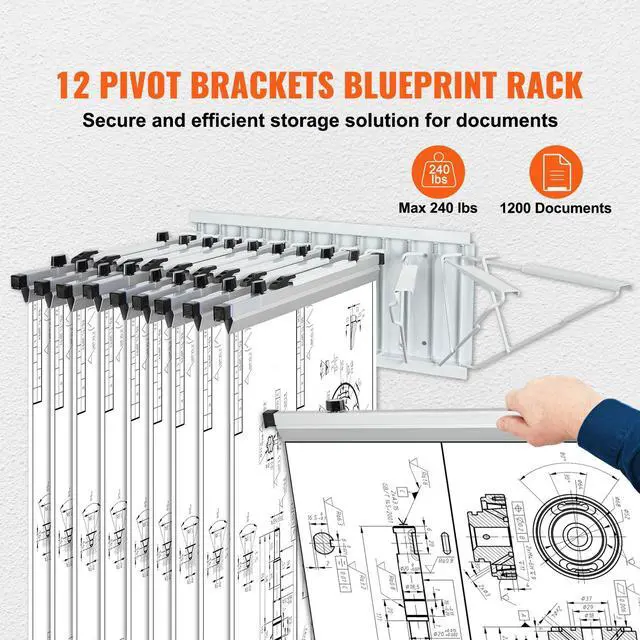 Alt view image 3 of 8 - VEVOR Wall Mount Blueprint Storage Rack  Holds up to 1200 Blueprints, Hanging Blueprint Holder with 12 Pivot Brackets, for 24", 30", 36", or 42" Clamps(Rack Only Without Clamps)- Heavy Duty(240lbs)
