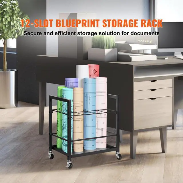Alt view image 9 of 14 - VEVOR  Blueprint Storage Rack 12 Slots Mobile Roll File Holder for Architectural, Blue Print Storage Organizer - Mobile Roll File Cart, Construction Plan Holders, Blueprint Cabinet with Wheels, Roll