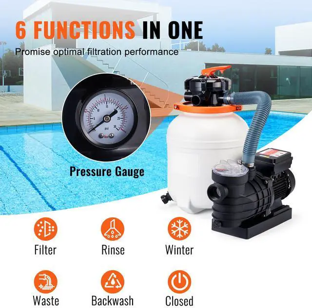 Alt view image 8 of 11 - VEVOR Sand Filter Pump for Above Ground Pools, 12-inch, 3000 GPH, 1/2 HP Swimming Pool Pumps System & Filters Combo Set with 6-Way Multi-Port Valve & Strainer Basket, for Domestic and Commercial Pools