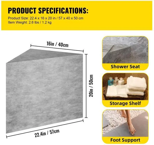 Alt view image 15 of 15 - VEVOR Tile Shower Seat, 22.4" x 16" x 20" Ready to Tile Shower Seat, Factory Waterproof & 100% Leak Proof Tileable Shower Corner Seat, 440lbs Load-Bearing Triangular Board Shower Bench, Grey