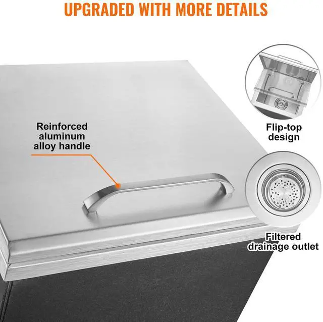 Alt view image 12 of 14 - VEVOR Drop in Ice Chest, 14"L x 12"W x 18"H Stainless Steel Ice Cooler, Commercial Ice Bin with Hinged Cover, 40 qt Outdoor Kitchen Ice Bar, Drain-pipe and Drain Plug Included, for Cold Wine Beer