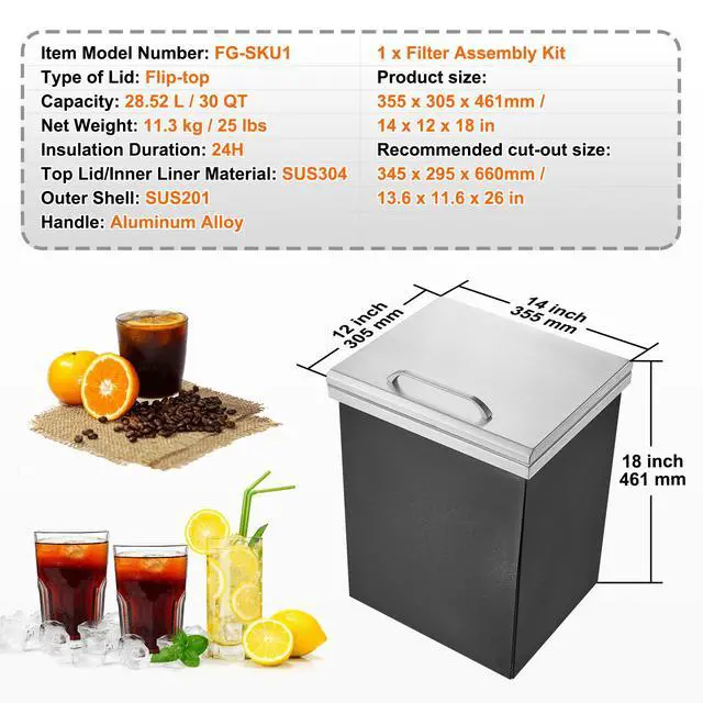 Alt view image 14 of 14 - VEVOR Drop in Ice Chest, 14"L x 12"W x 18"H Stainless Steel Ice Cooler, Commercial Ice Bin with Hinged Cover, 40 qt Outdoor Kitchen Ice Bar, Drain-pipe and Drain Plug Included, for Cold Wine Beer