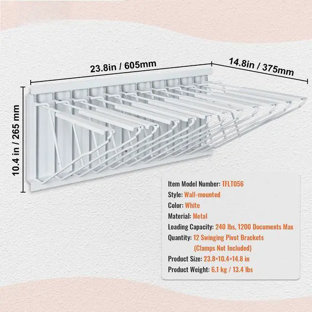 Alt view image 8 of 8 - VEVOR Wall Mount Blueprint Storage Rack  Holds up to 1200 Blueprints, Hanging Blueprint Holder with 12 Pivot Brackets, for 24", 30", 36", or 42" Clamps(Rack Only Without Clamps)- Heavy Duty(240lbs)
