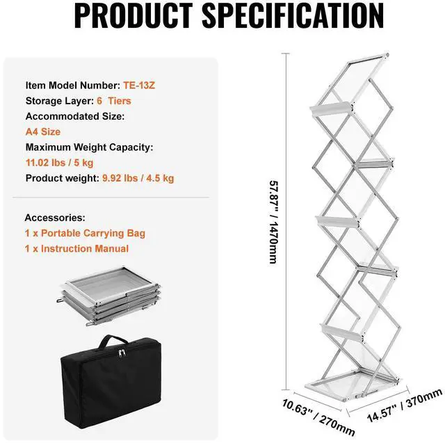 Alt view image 15 of 15 - VEVOR Literature Rack, 6 Pockets, Pop up Aluminum Magazine Rack, Lightweight Catalog Holder Stand w/Carrying Bag for Living Room, Hotel, Trade Show, Exhibition, Office