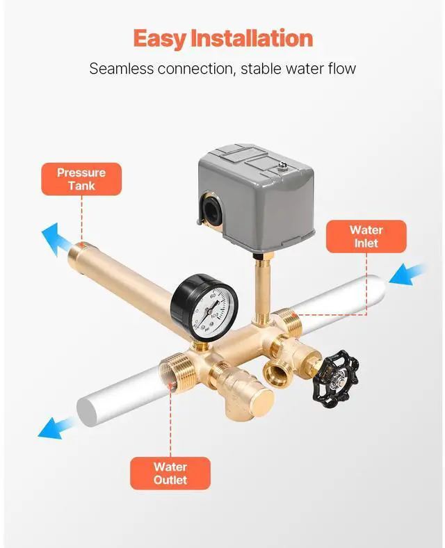 Alt view image 3 of 8 - VEVOR 1" x 11" Well Pressure Tank Tee Kit, with 40/60PSI Switch, 7-Pieces Pure Brass Pressure Tank Installation Kit for Water Well, Fit Most Tanks with Diameters up to 16 Inches