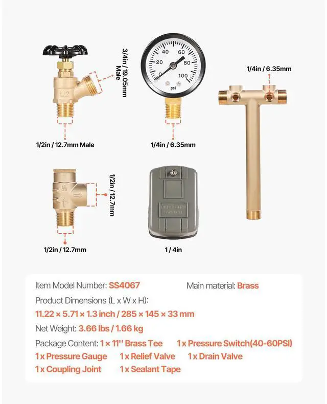 Alt view image 8 of 8 - VEVOR 1" x 11" Well Pressure Tank Tee Kit, with 40/60PSI Switch, 7-Pieces Pure Brass Pressure Tank Installation Kit for Water Well, Fit Most Tanks with Diameters up to 16 Inches
