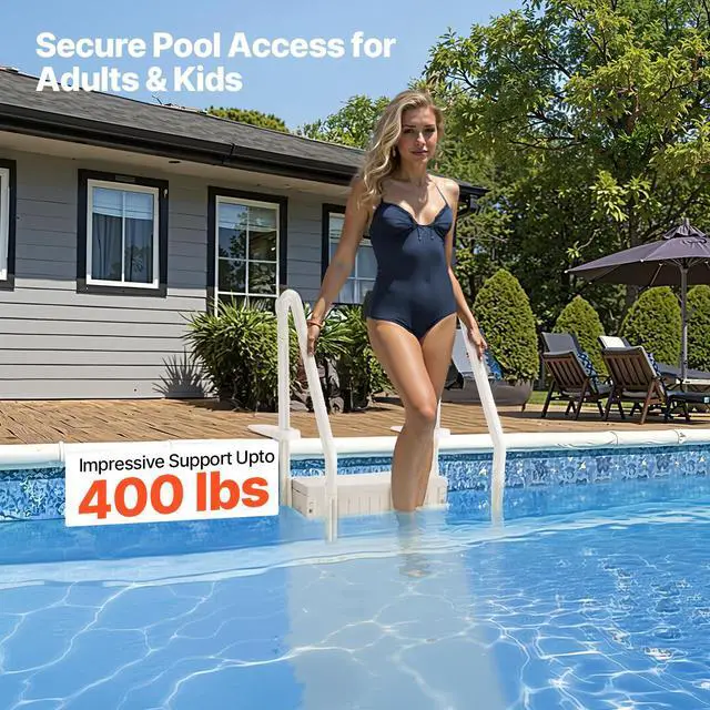 Alt view image 4 of 8 - VEVOR Swimming Pool Ladder, 4-Step Double Handrails Stairs with Non-slip Heavy Duty Steps, Max Load Capacity 400 lbs, for 48-54 In Inground & Above-ground Pools of Any Decking Surface, Milk White