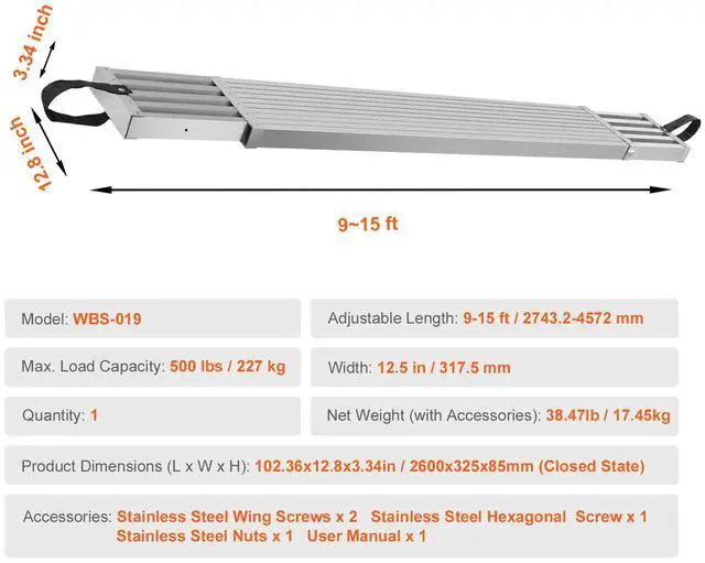 Alt view image 9 of 9 - VEVOR  Telescoping Aluminum Work Plank, 9-15 Feet 500lbs Capacity, 12.5 inch Width Aluminum Scaffold Plank,Extension Staging Plank with Skid-Proof Platform Scaffold Ladder Accessory
