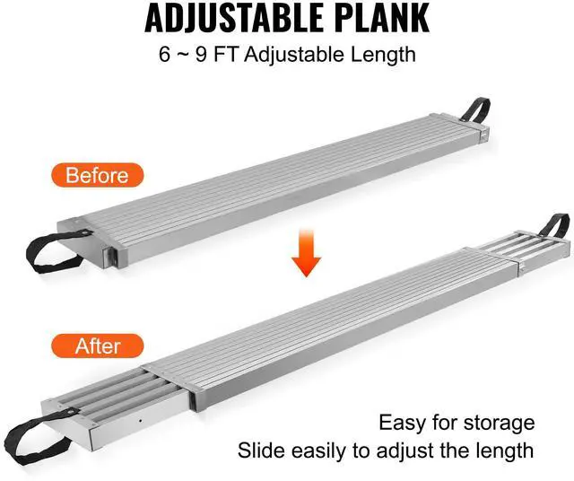 Alt view image 3 of 8 - VEVOR Telescoping Aluminum Work Plank, 6-9 Feet 500lbs Capacity, 12.5 inch Width Aluminum Scaffold Plank,Extension Staging Plank with Skid-Proof Platform Scaffold Ladder Accessory