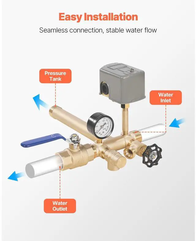 Alt view image 3 of 8 - VEVOR 1" x 11" Well Pressure Tank Tee Kit, with 30/50PSI Switch, 8-Pieces Pure Brass Pressure Tank Installation Kit for Water Well, 1 in Gate Valve Included, Fit Most tanks with Diameter up to 16 in