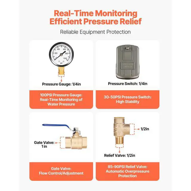 Alt view image 5 of 8 - VEVOR 1" x 11" Well Pressure Tank Tee Kit, with 30/50PSI Switch, 8-Pieces Pure Brass Pressure Tank Installation Kit for Water Well, 1 in Gate Valve Included, Fit Most tanks with Diameter up to 16 in