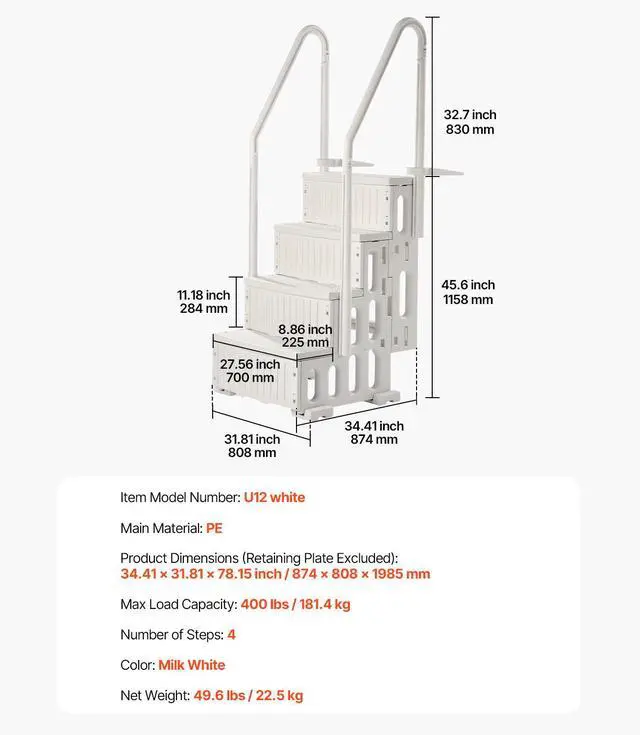 Alt view image 8 of 8 - VEVOR Swimming Pool Ladder, 4-Step Double Handrails Stairs with Non-slip Heavy Duty Steps, Max Load Capacity 400 lbs, for 48-54 In Inground & Above-ground Pools of Any Decking Surface, Milk White