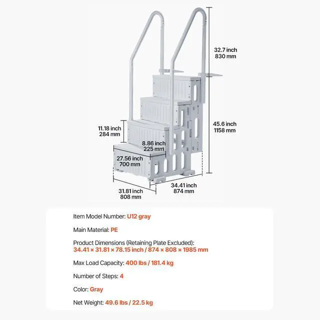 Alt view image 8 of 8 - VEVOR Swimming Pool Ladder, 4-Step Double Handrails Stairs with Non-slip Heavy Duty Steps, Reliable 400 lbs Max Load Capacity, for 48-54 In Inground & Above-ground Pools of Any Decking Surface, Grey