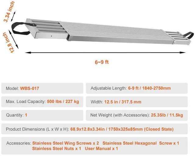 Alt view image 8 of 8 - VEVOR Telescoping Aluminum Work Plank, 6-9 Feet 500lbs Capacity, 12.5 inch Width Aluminum Scaffold Plank,Extension Staging Plank with Skid-Proof Platform Scaffold Ladder Accessory
