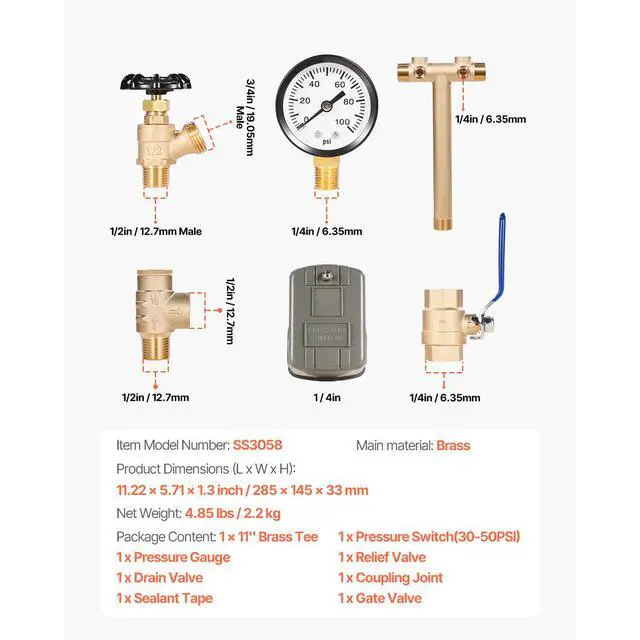 Alt view image 8 of 8 - VEVOR 1" x 11" Well Pressure Tank Tee Kit, with 30/50PSI Switch, 8-Pieces Pure Brass Pressure Tank Installation Kit for Water Well, 1 in Gate Valve Included, Fit Most tanks with Diameter up to 16 in