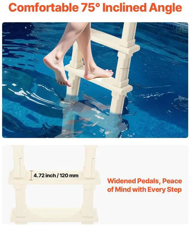 Alt view image 5 of 8 - VEVOR Swimming Pool Ladder, 75°Inclined 5-Step Double Handrails Stair, Non-slip Heavy Duty Steps, Load Capacity 300 lb, for 48-54 In Inground & Above-ground Pools of Any Deck Surface Indoor & Outdoor