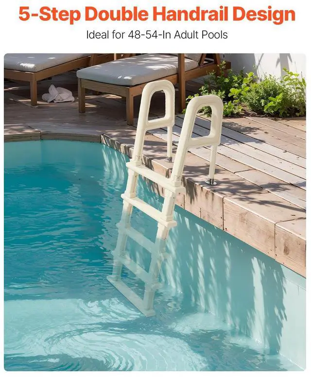 Alt view image 3 of 8 - VEVOR Swimming Pool Ladder, 75°Inclined 5-Step Double Handrails Stair, Non-slip Heavy Duty Steps, Load Capacity 300 lb, for 48-54 In Inground & Above-ground Pools of Any Deck Surface Indoor & Outdoor