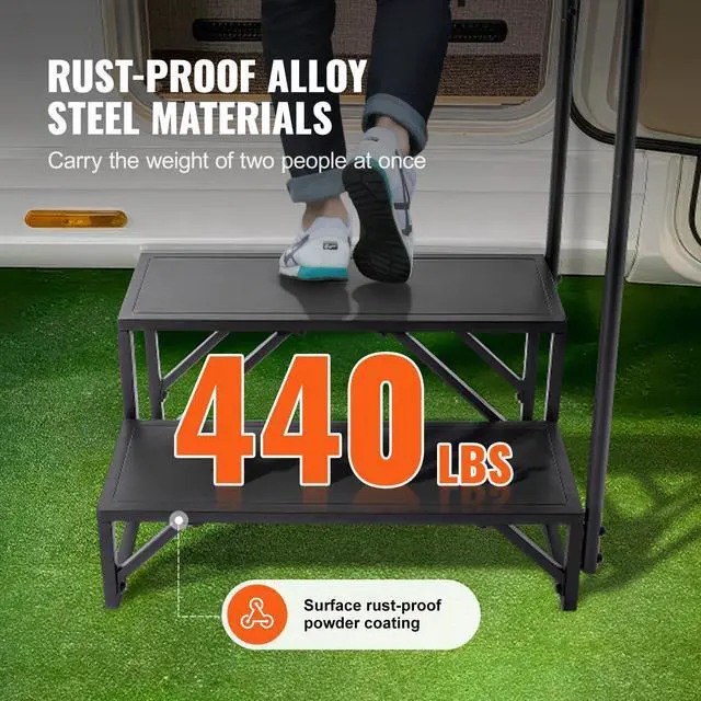 Alt view image 10 of 14 - VEVOR RV Steps, 2-Step RV Stairs, 440 LBS Load Capacity, Thickened Carbon Steel, With Handrail, Non-Slip Steps for Safe Entry and Exit, Suit for RV, Trailer, Camper Steps