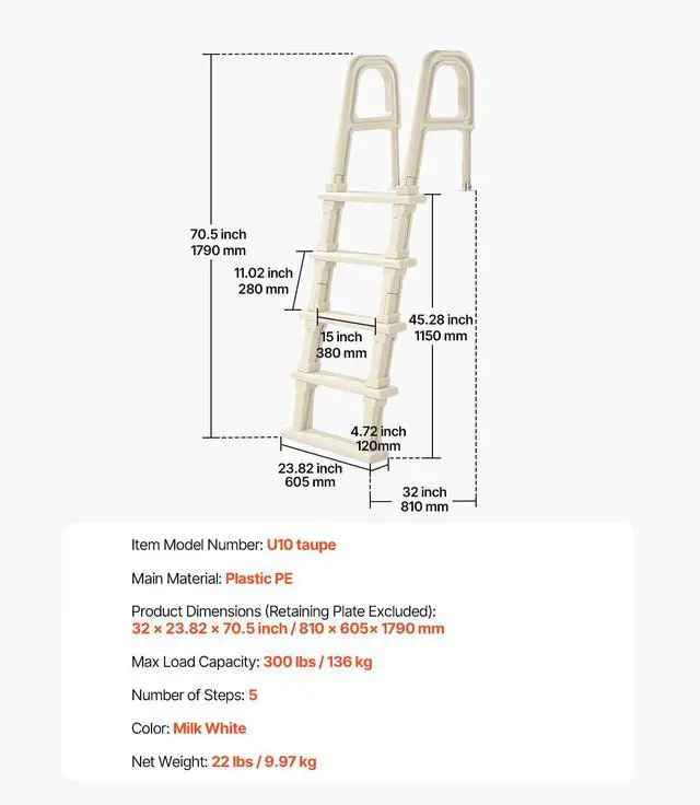 Alt view image 8 of 8 - VEVOR Swimming Pool Ladder, 75°Inclined 5-Step Double Handrails Stair, Non-slip Heavy Duty Steps, Load Capacity 300 lb, for 48-54 In Inground & Above-ground Pools of Any Deck Surface Indoor & Outdoor