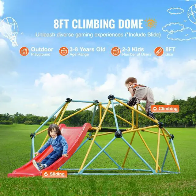 Alt view image 3 of 8 - VEVOR Climbing Dome, for Kids 3 to 9 Years Old, 8FT Geometric Dome Climber with Slide,Jungle Gym Supports 600LBS and Easy Assembly, with Climbing Grip, Outdoor and Indoor Play Equipment for Kids