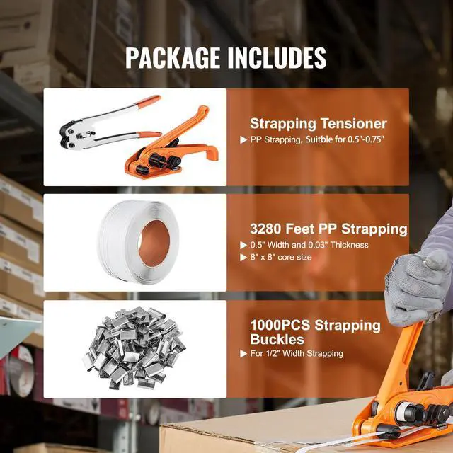 Alt view image 9 of 14 - VEVOR Banding Strapping Kit with Strapping Tensioner Tool, Banding Sealer Tool, 3280 ft Length PP Band, 1000 Metal Seals, Pallet Packaging Strapping Banding Kit Banding Packaging Strapping for Packing