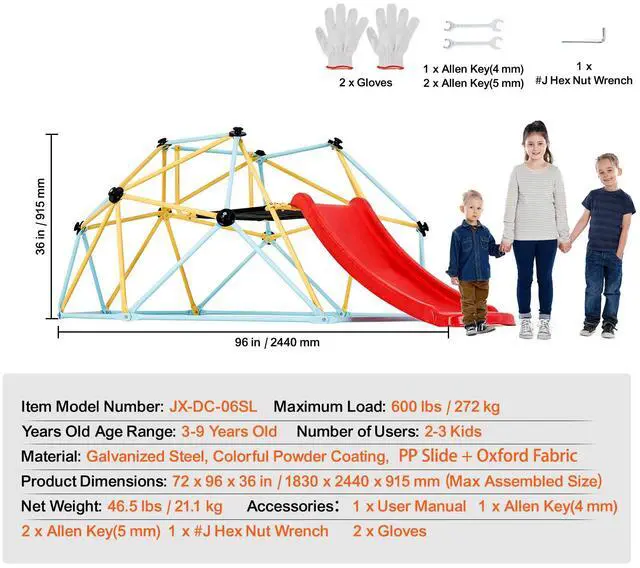 Alt view image 8 of 8 - VEVOR Climbing Dome, for Kids 3 to 9 Years Old, 8FT Geometric Dome Climber with Slide,Jungle Gym Supports 600LBS and Easy Assembly, with Climbing Grip, Outdoor and Indoor Play Equipment for Kids