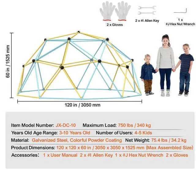 Alt view image 14 of 14 - VEVOR Climbing Dome, Jungle Gym Supports 750LBS and Easy Assembly, 10FT Geometric Dome Climber Play Center for Kids 3 to 10 Years Old,with Climbing Grip, Outdoor Backyard Play Equipment for Kids