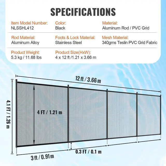 Alt view image 9 of 9 - VEVOR Pool Fence, 4 x 12 FT Pool Fences for Inground Pools, Removable Child Safety Pool Fencing, Easy DIY Installation Swimming Pool Fence, 340gms Teslin PVC Pool Fence Mesh Protects Kids and Pets