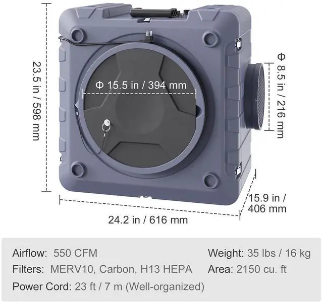 Alt view image 15 of 15 - VEVOR Air Scrubber with 3-Stage Filtration, Stackable Negative Air Machine 550 CFM, Air Cleaner with MERV10, Carbon, H13 HEPA, for Home, Industrial and Commercial Use