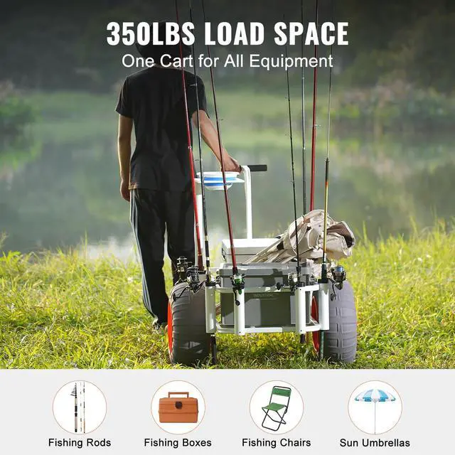 Alt view image 6 of 9 - VEVOR Beach Fishing Cart, 350 lbs Load Capacity, Fish and Marine Cart with Two 16" Big Wheels PU Balloon Tires for Sand, Heavy-Duty Aluminum Pier Wagon Trolley with 8 Rod Holders for Fishing, Picnic