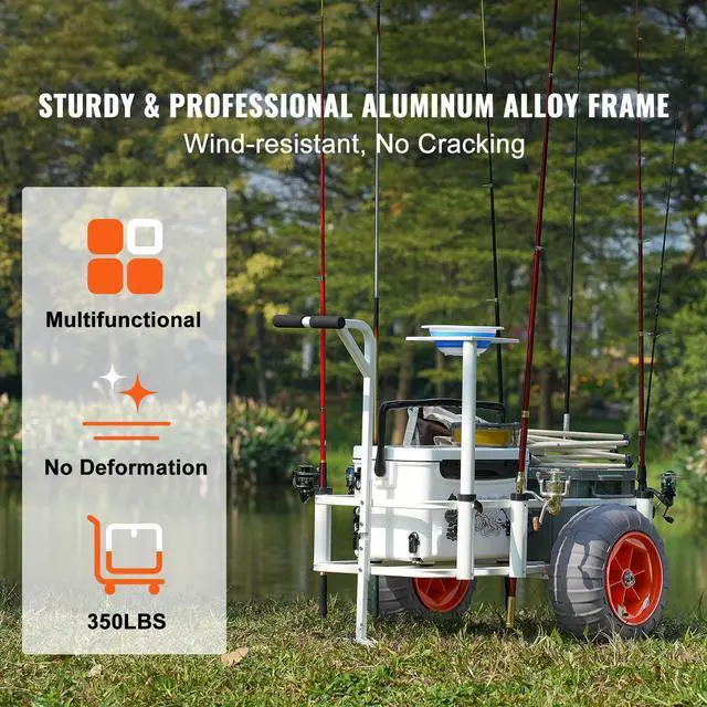 Alt view image 4 of 9 - VEVOR Beach Fishing Cart, 350 lbs Load Capacity, Fish and Marine Cart with Two 16" Big Wheels PU Balloon Tires for Sand, Heavy-Duty Aluminum Pier Wagon Trolley with 8 Rod Holders for Fishing, Picnic