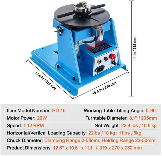 Alt view image 14 of 14 - VEVOR Rotary Welding Positioner 10KG, 0-90° Welding Positioning Turntable Table with 8.1 Inch 3-Jaw Lathe Chuck, 1-12 RPM 20W Portable Welder Positioning Machine for Cutting Grinding Assembly Testing