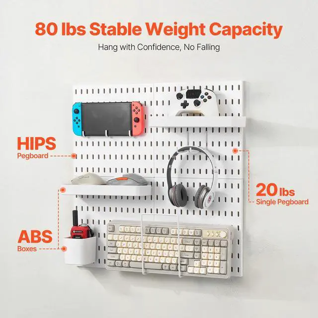 Alt view image 4 of 8 - VEVOR Pegboard Combination Kit, 11" x 11" Plastic Pegboard, 4 Panels, Peg Board Wall Organizer Kit with Accessories, for Garage Tool Storage Kitchen Living Room Craft Room Office Bathroom Home, White